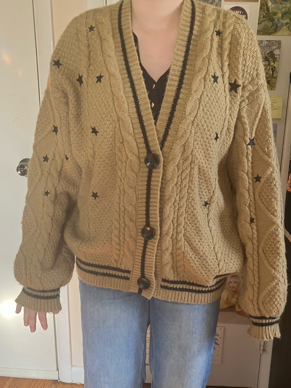Taylor Swift Fearless Tan Cable Knit Cardigan with Black Star Accents